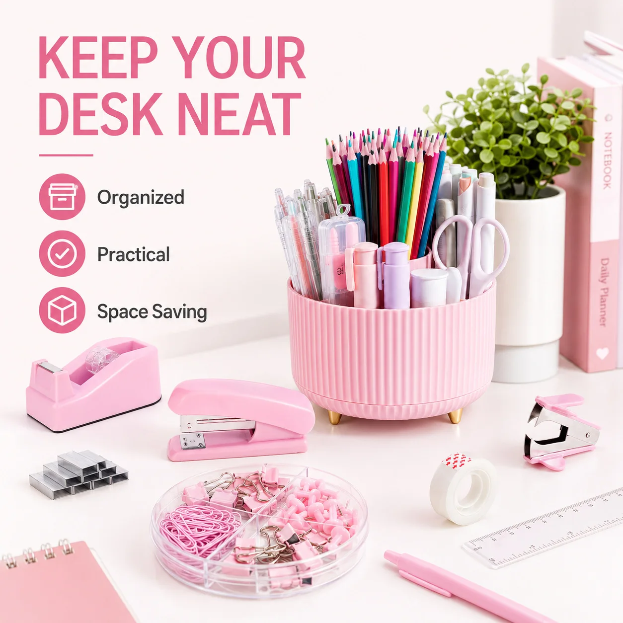 360 Degree Rotating Pen Holder Stationery Set with Stapler Tape Dispenser Punch Scissors Ruler and Clip Box, ABS Desk Organizer