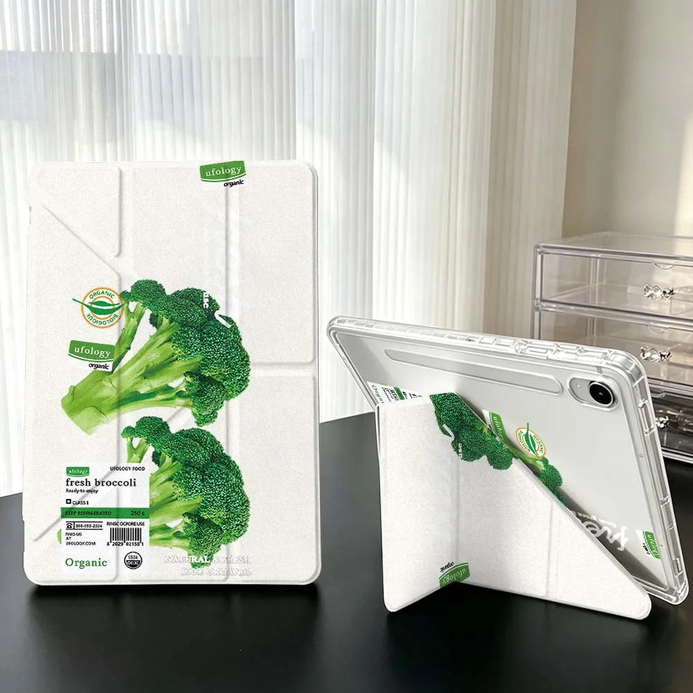 Fresh Vegetable Label For Samsung Galaxy Tab A9 A8 A11 S6 S7 S8 S9 S10 FE Plus Lite Transparent Y-Shaped Folding Tablet Case