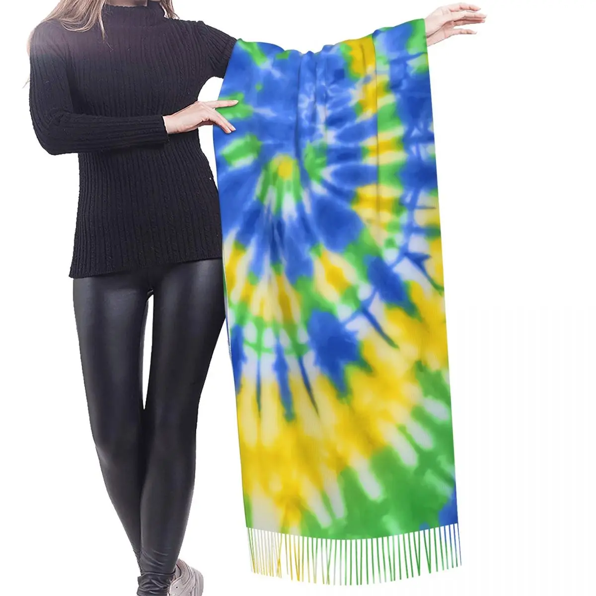 Custom Tie Dye Blue Green And Yellow Scarf Wrap for Women Long Winter Warm Tassel Shawl Unisex Traditional Dyeing Art Scarves