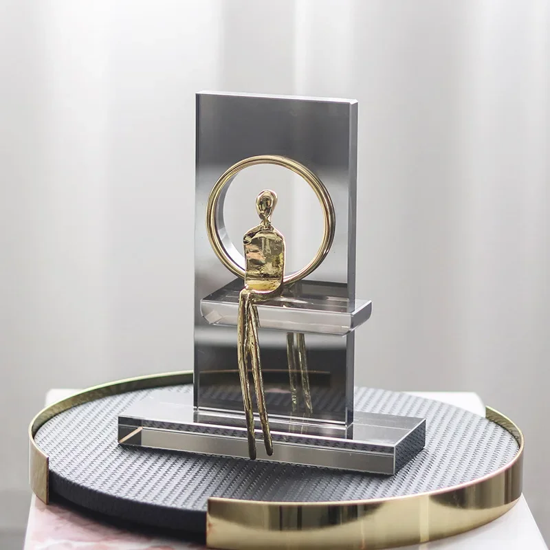 Glass Craft Abstract Figure Sculpture Geometry Round Hole Crystal Golden Man Decorative Figurines Home Decoration Accessories