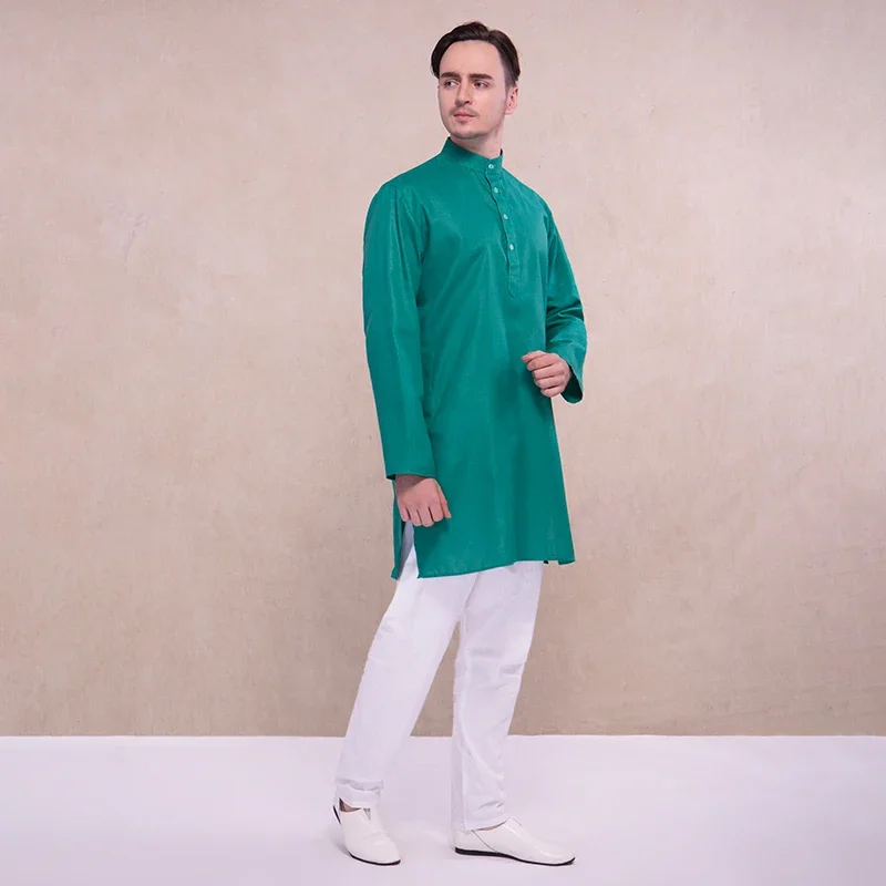 Kurta India Costume Kurtis Ethnic South Asian Style Green Shirt White Pants Hindu Clothes Cotton Kurtha Indian Clothing for Men