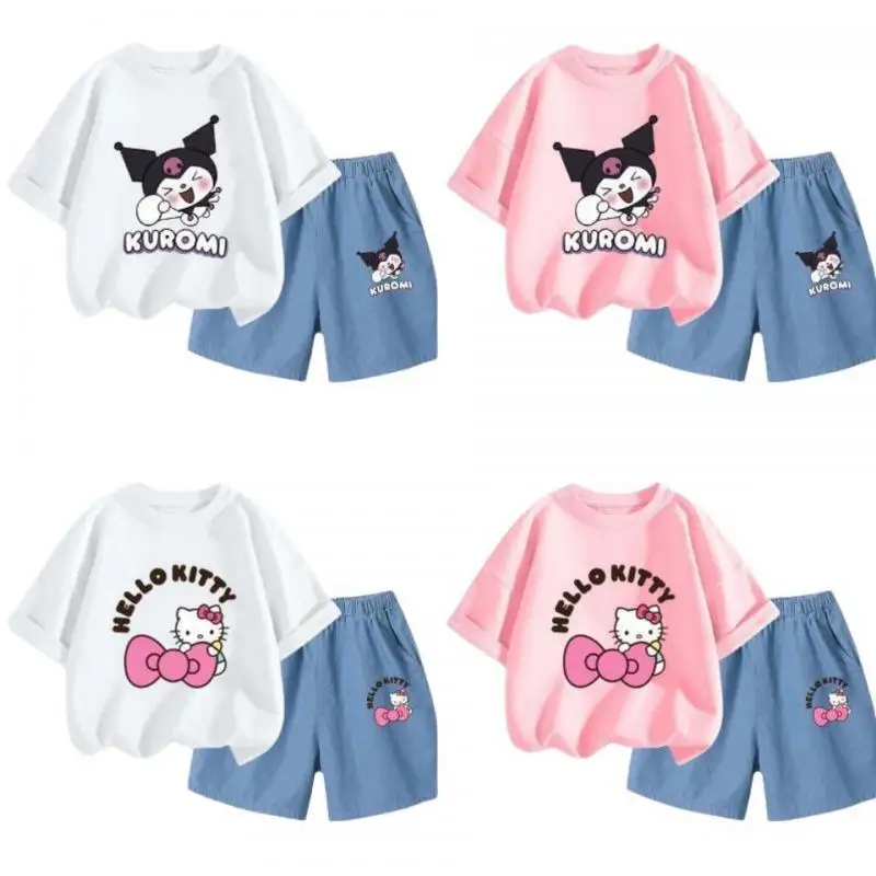 Conjunto Kawaii Sportswear infantil, roupa de menina, Kawaii Hellokittys infantil, Kuromi, Tencel, Comfort Boys Loungewear, verão