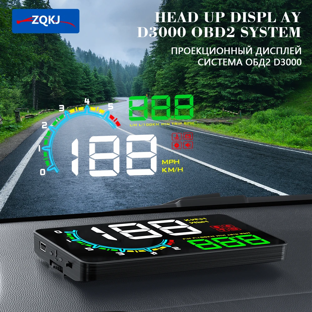 

ZQKJ D3000 EOBD OBD2 Car Head Up Display Windshield Projector Alarm Digital Speedometer Auto Electronics Accessories LCD HUD