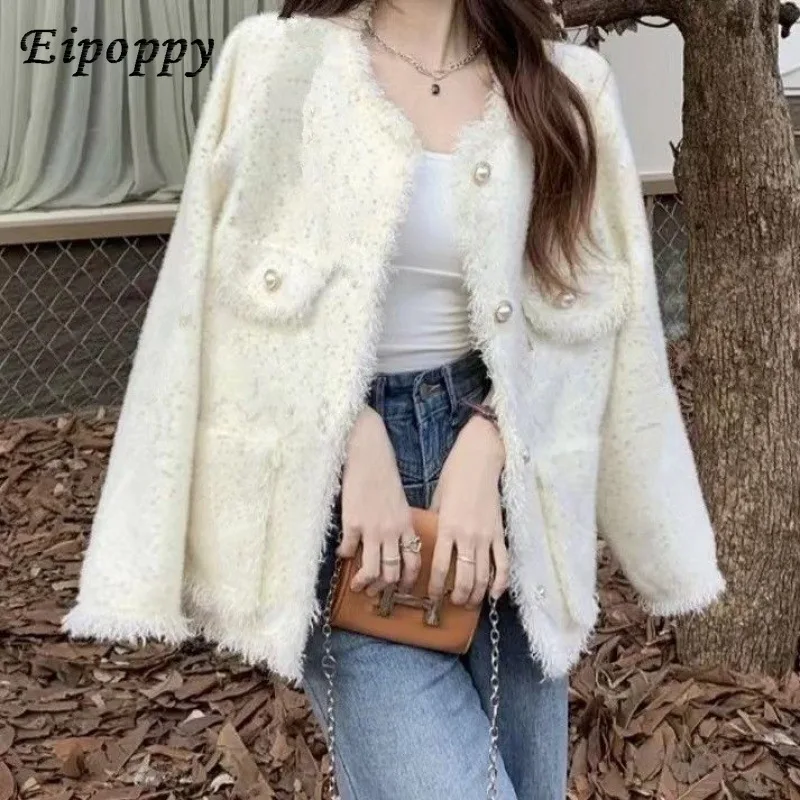 เสื้อคาร์ดิแกนถักสั้นสำหรับผู้หญิงเสื้อสเวตเตอร์ขนาดเล็กสไตล์ฝรั่งเศสฤดูใบไม้ร่วง