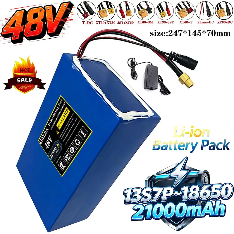 With BMS lithium battery pack, fast air transport, brand new 18650 lithium battery, 13S7P, suitable for 100-1500W, 48V, 21000mAh
