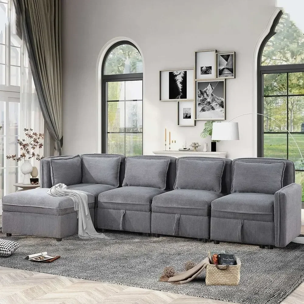 Modular Corduroy Sectional Sofa, Convertible L-Shaped Couch w/Storage, 5 Seat Chaise for Living Room Furniture Sets(Dark Gray)