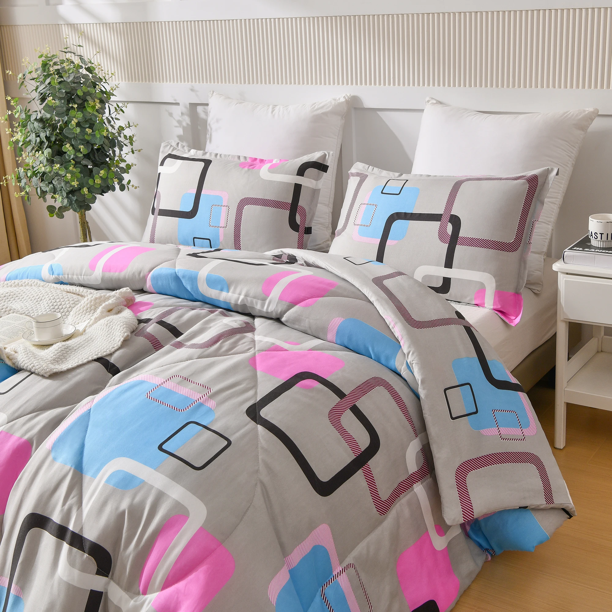 3 Pieces Comforter Set With Geometric Pattern, Luxury Soft Comforter For All Season, Ultra Soft 100% Microfiber Polyester