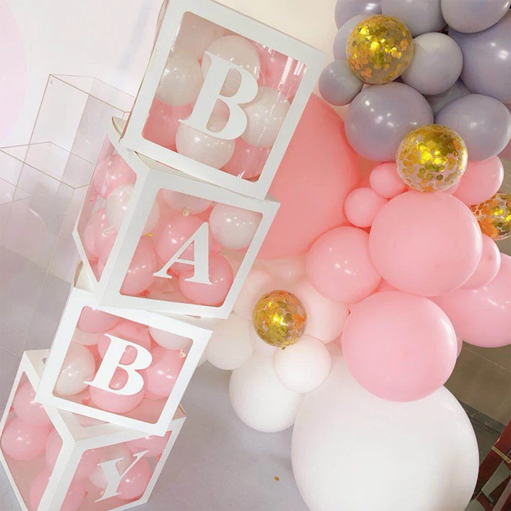 4pcs 25cm Transparent Balloon Boxes+BABY Letters, Birthday Baptism Party Decoration Gift Box,Baby Shower Decor