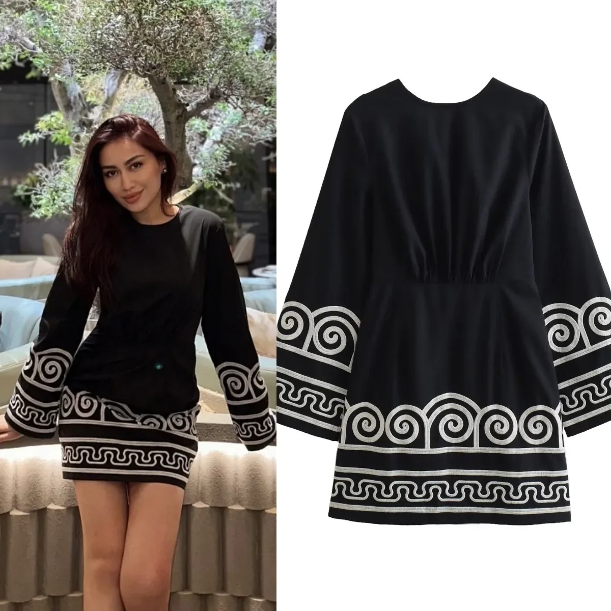 

Pop 's Spring New Women's Vintage Ethnic-style Embroidered Printed Wide-sleeved Round-neck Dress