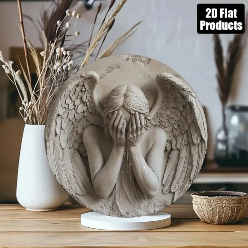 ديكور معدني بطابع ملائكة Weeping - ألومنيوم عتيق مستدير مسطح ثنائي الأبعاد للمكتب والحفلات وعيد الميلاد