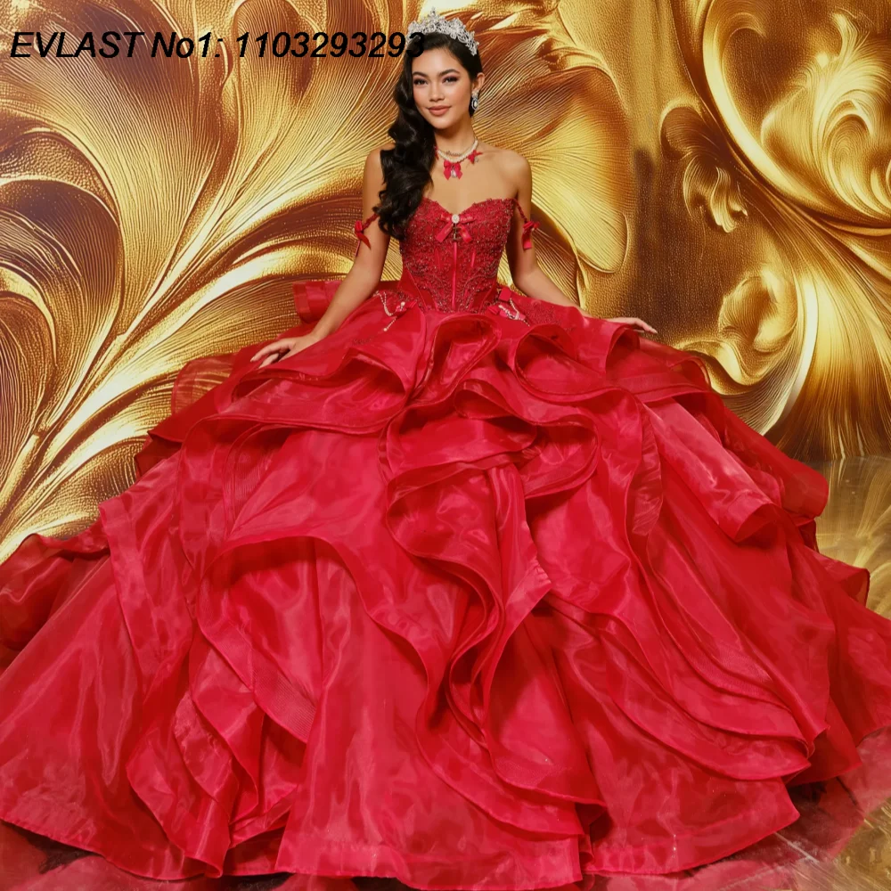

EVLAST Customized Dark Pink Ball Gown Quinceanera Dress Lace Applique Beaded Ruffles Cape Sweet 16 Vestidos De 15 Anos E1QN251