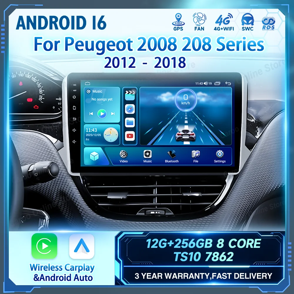 Carplay Android Auto Car Radio For  208 Series 2012 - 2018 Multimidia Video Player QLED Screen 2din Stereo Head Unit