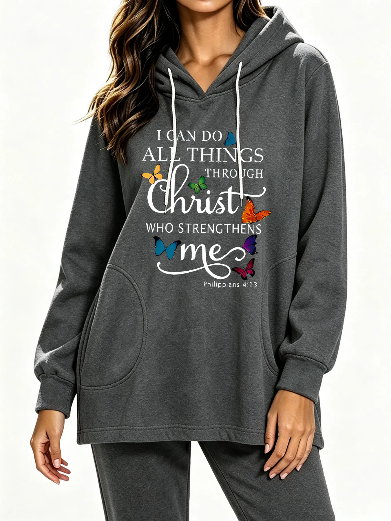 Colored butterfly-print, loose-fitting, drawstring, hooded sweatshirt with Bible text, women's clothing, suitable for Philephee.