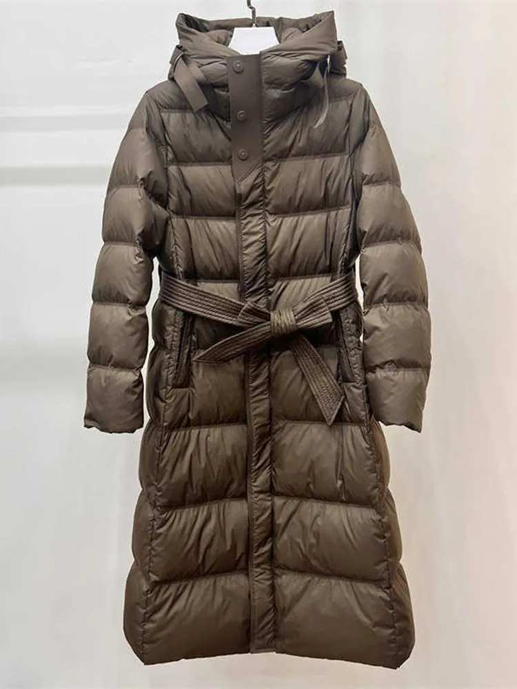 Winter Long Hooded Down Jacket For Women Solid Color Simple Lace Up Puff Coat American Fashion High Street Female Thick Overcoat