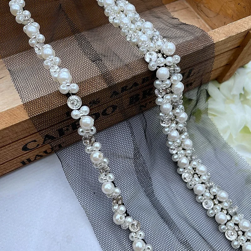 90cm Pearl Beaded Lace Trim Ribbon Garment Decoration Applique Trimming Rhinestone Tape DIY Sewing Fabric Material Accessories