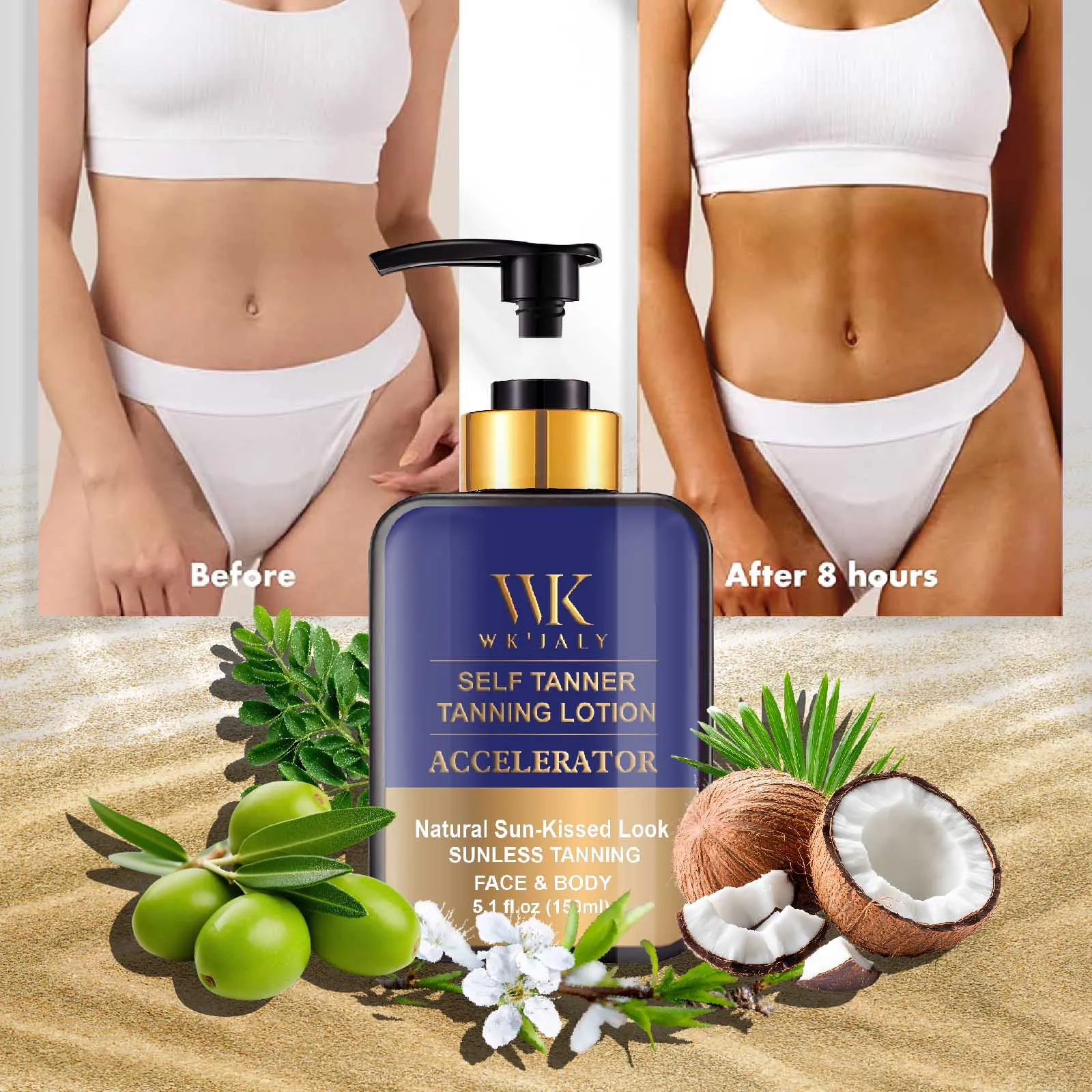 WK JALY Self Tanner Body Lotion, Fair To Medium Skin Tone, Sunless Tanning Moisturizer With Coconut Oil, Carrot Oil, Shea Butter