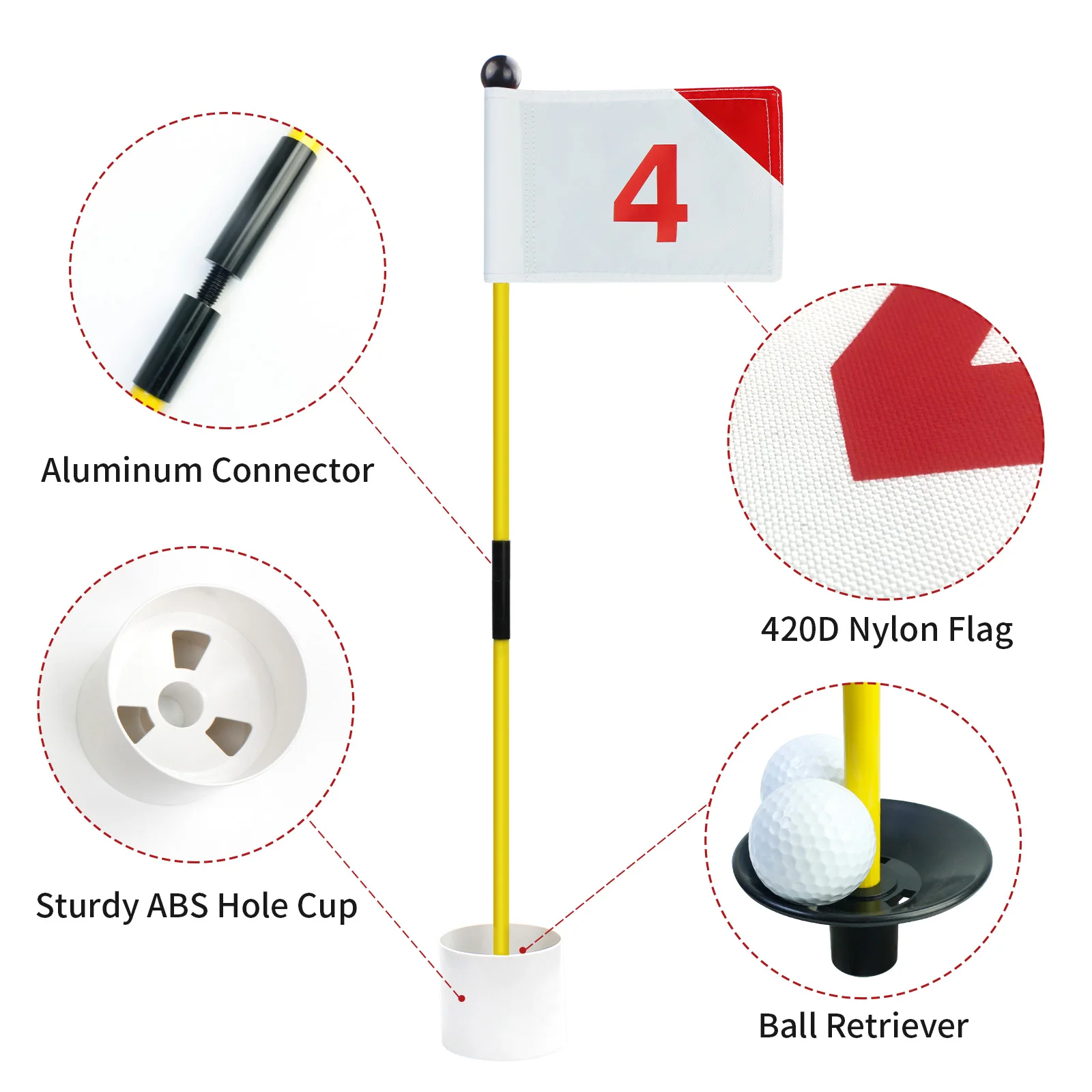 KOFULL Golf Putting Green Flag for Yard Double-Sided Numbered Golf Flagstick Hole Cup Set Portable 2-Section Design for Gift