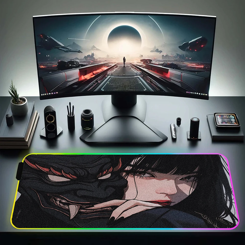 

Gaming Mousepad XXL 100x50cm RGB Mouse Mat Oni Mask LED Large Locking Edge Mouse Pad Gamer Professional With Backlit Desk Mat