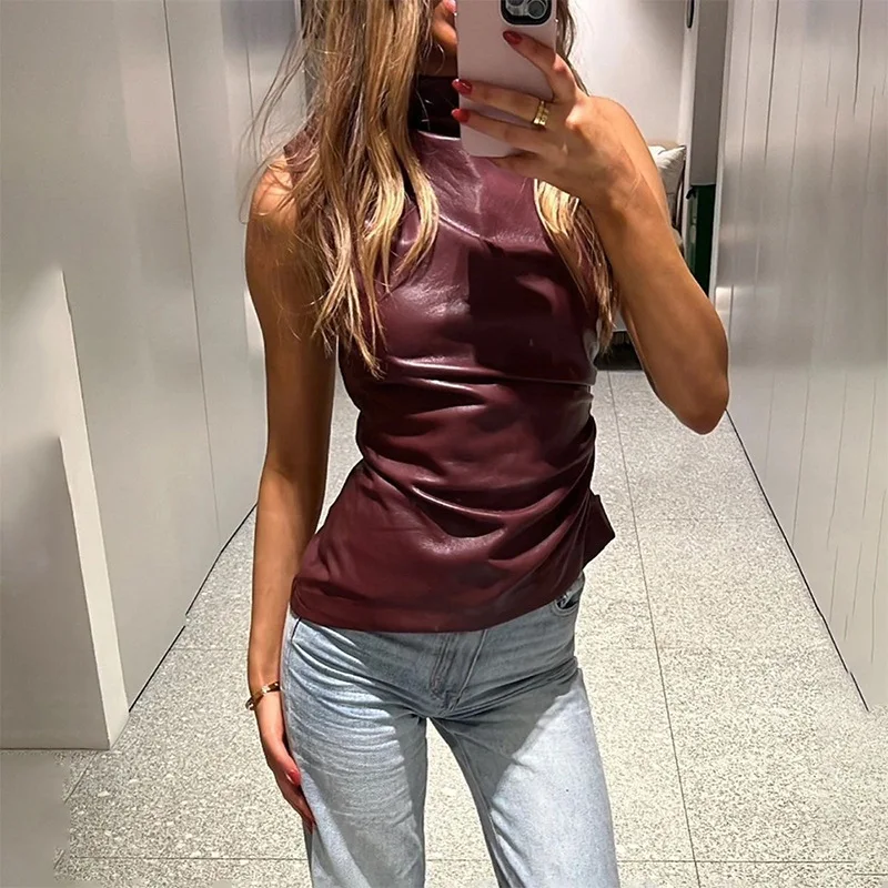 

S-XL Women Y2K Vintage Pu Leather Tank Top Wrinkled Slimming Sexy Irregular Sleeveless Tops Vest Versatile Noble Shirts