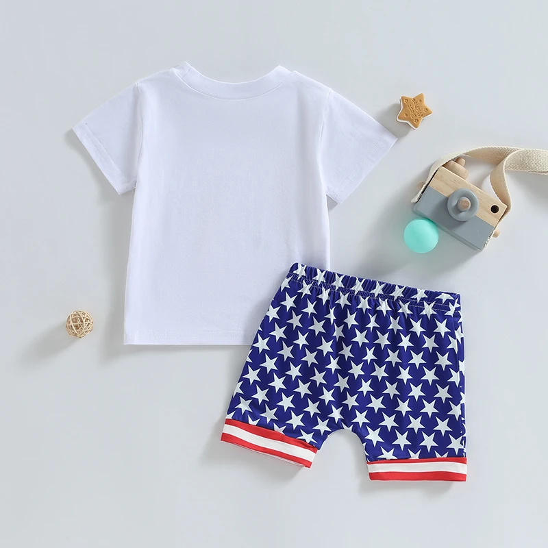 Toddler Boys Independence Day Clothing Patriotic American Flag Print Shirt Denim Shorts Set for 4th of July