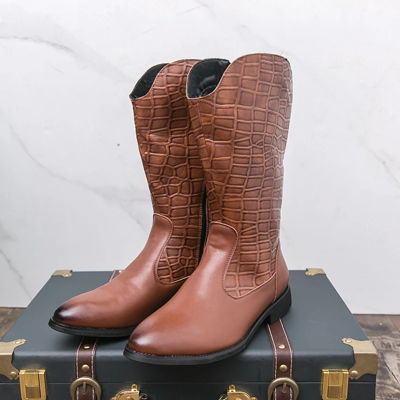 

Men's Vintage Western Cowboy Boots High Top Pointed Toe Thick Platform Sole Leather Retro Riding Boots Casual Outdoor Non-Slip