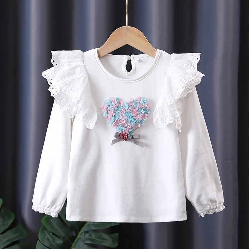 High-grade girls' long-sleeved top foreign style children's little girl spring  pure cotton all-match flying sleeve t thin