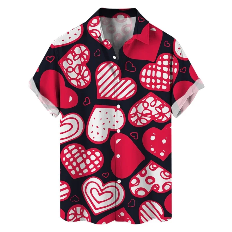 Camisa de manga corta con botones para hombre, camisa con estampado 3d para el Día de San Valentín, cuello italiano, informal, a la moda, para playa, Verano