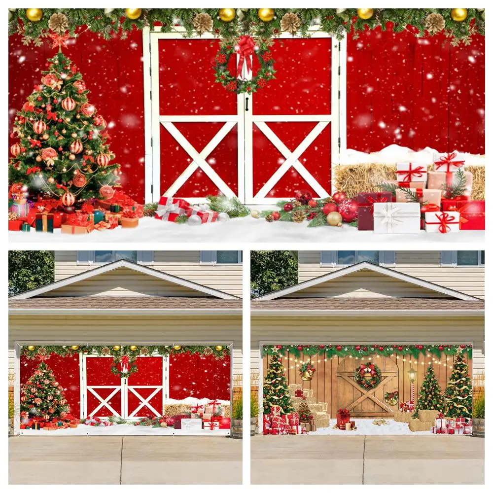 

Christmas Rustic Wood Door Backdrop Garage Door Decoration Banner Xmas Tree Gifts Outdoor Party Wall Hanging Background Decor