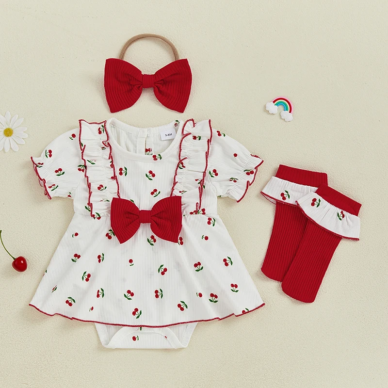 

Baby Girls Rompers Dress Cherry/Bow Print Short Sleeve Infant Bodysuits Jumpsuits with Headband and Socks
