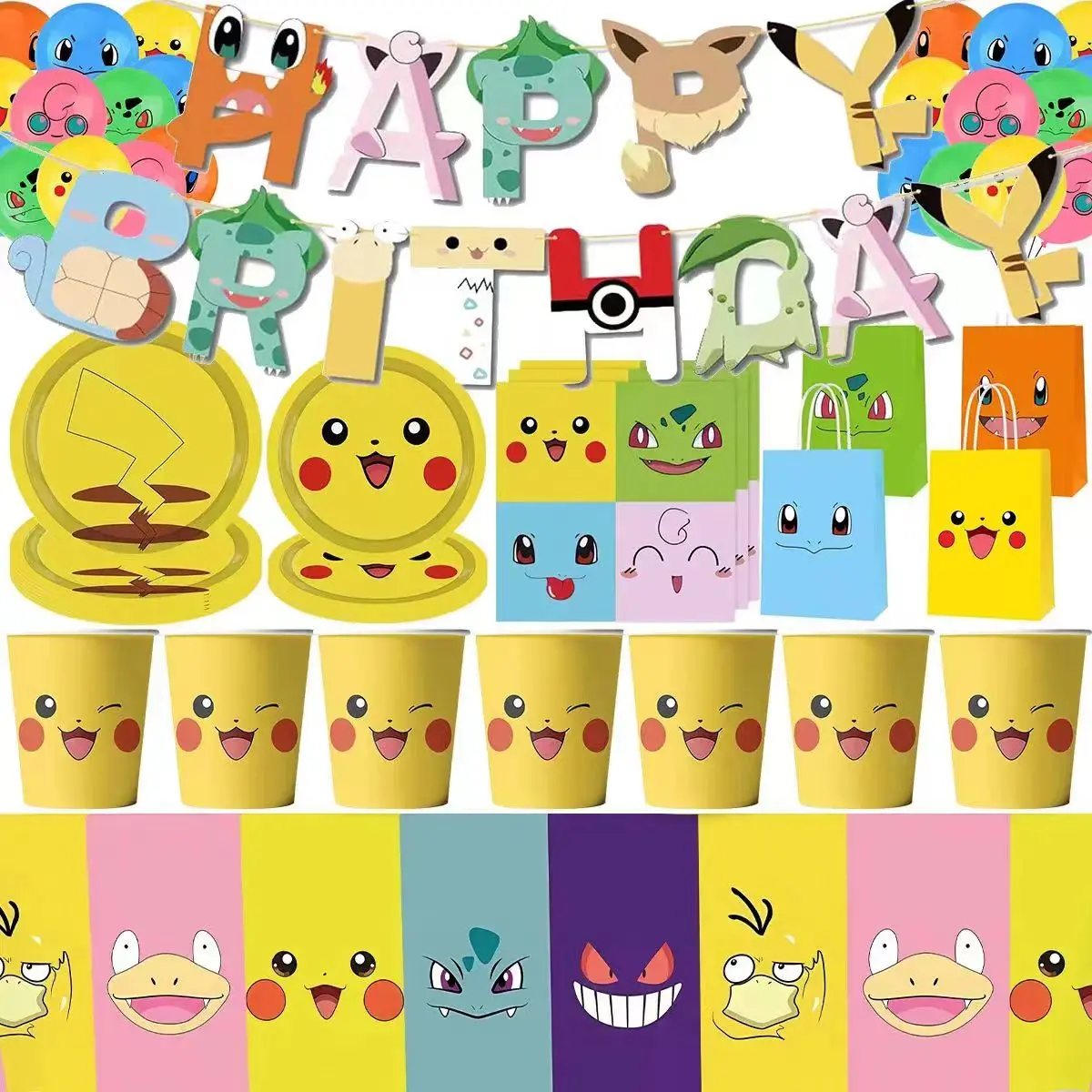 Juego de vajilla desechable con tema de Pikachu de dibujos animados para niños, decoración de fiesta de cumpleaños de Pokémon, taza, plato, globos,