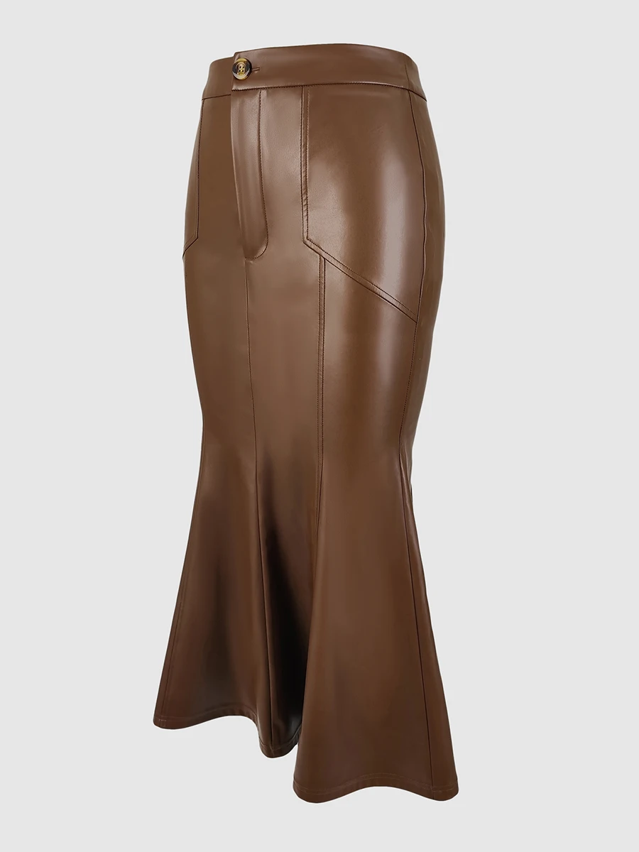 Damen Leder-Midirock Hohe Taille Eleganter Vintage-Meerjungfrauenrock Herbst Winter Braun Schlanker Trompeten-Langrock Bürodamen 2026 – Detail 4