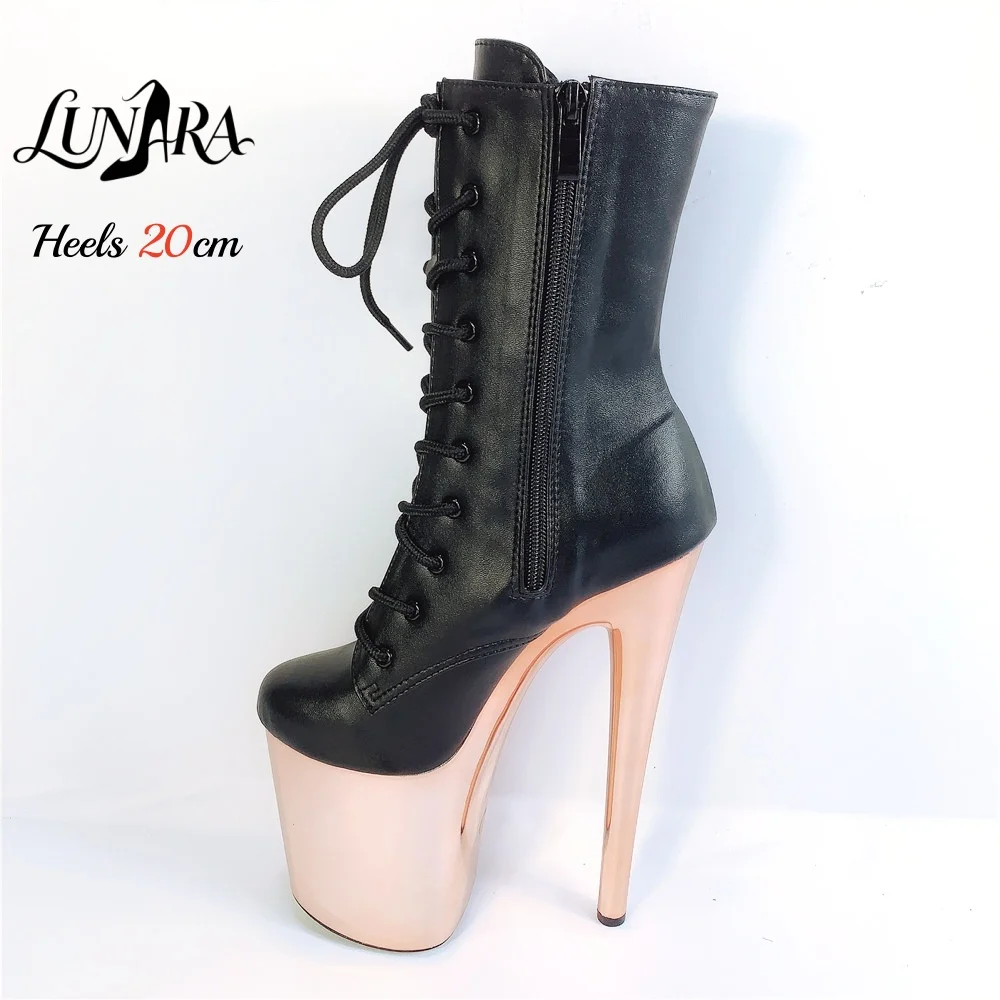 20cm/8Inch Black PU Leather Lace-up Side zipper Closed toe Platform High Stiletto Ankle boots Pole dance Nightclub Rave Parties