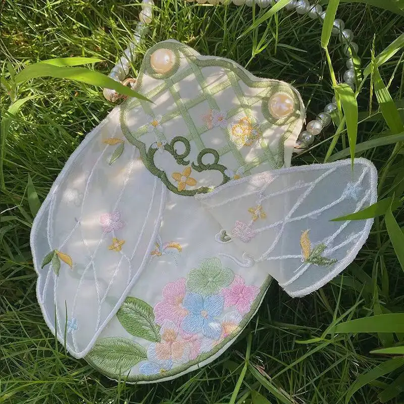 

Chinese Style Hanfu Bag Sweet Women Vintage Cicada Embroidery Handbag Pearl Chain Bag Cosplay Princess Shoulder Crossbody Bags