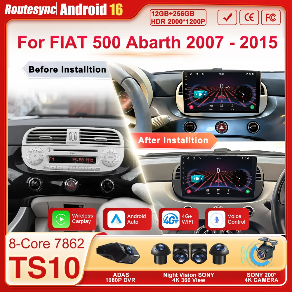 Android 16 Car Radio Player For FIAT 500 Abarth 2007 2008 - 2015 8 Core Wireless Carplay Android Auto Autoradio Mirror Link DSP