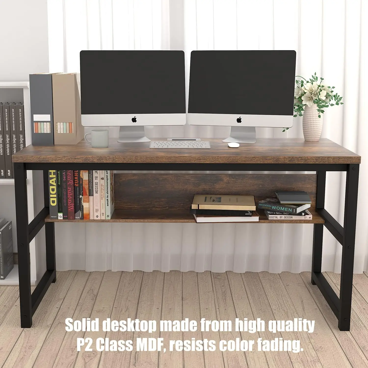 Computer Desk With Bookshelf/Metal Hole Cable Cover 1.18"" Thick Desk (55"", Rustic Brown)