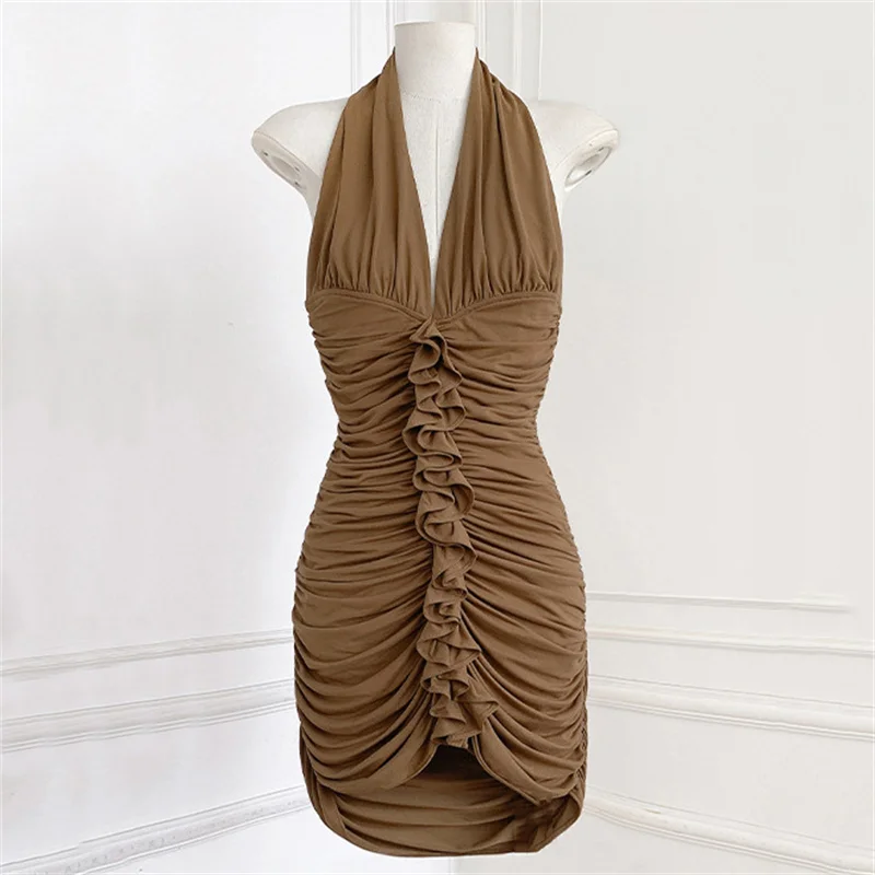 

Женское платье: Новое эластичное облегающее мини-платье для весны 2026 года, с асимметричными складками, облегающее бедра, без спинки, без рукавов, короткое.