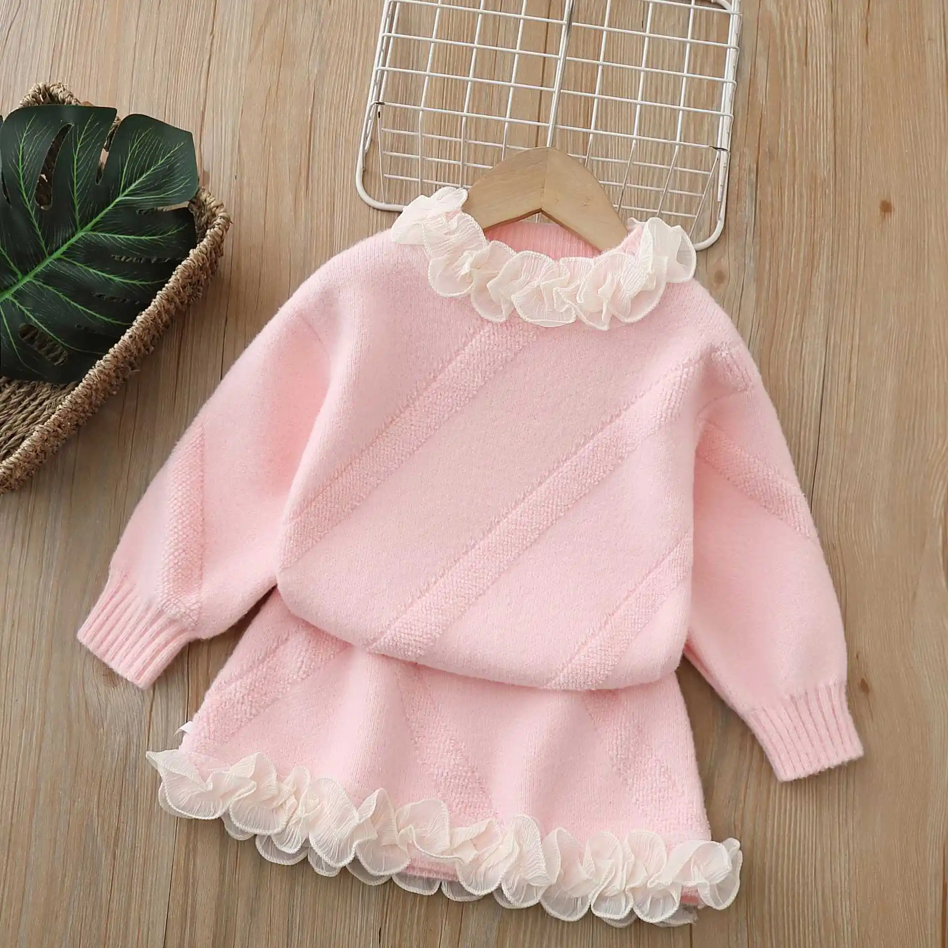 Autumn Winter Girl Sweater Mini Skirt Set Knitted Suits Lace Ruffled Baby Toddler Kids Clothes Elegant Princess Outfit Knitwear 2