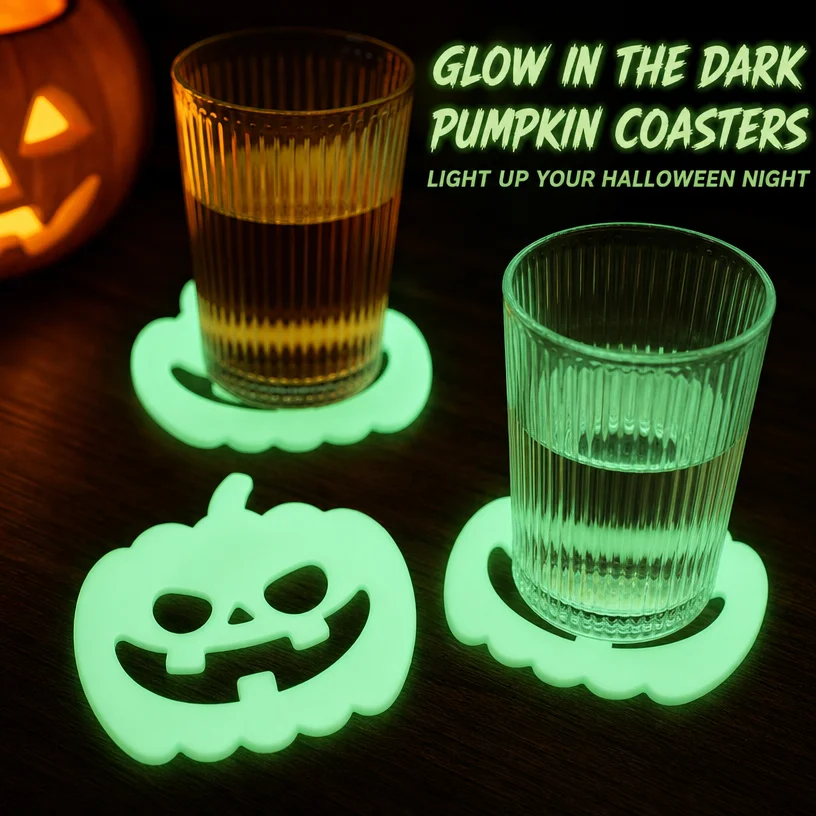 Halloween Glow In Dark Silicone Pumpkin Coasters Fluorescent Cup Mats Non Slip Placemats For Party Home Table Placemats Decor ﻿