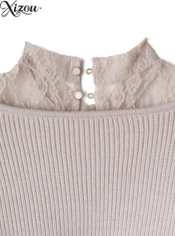 Damskie swetry z dzianiny w stylu japońskim na rok 2025, z odkrytymi ramionami, koronkowym kołnierzykiem, patchworkiem, długimi rękawami, dopasowany sweter, koreański pulower, jednolity kolor.