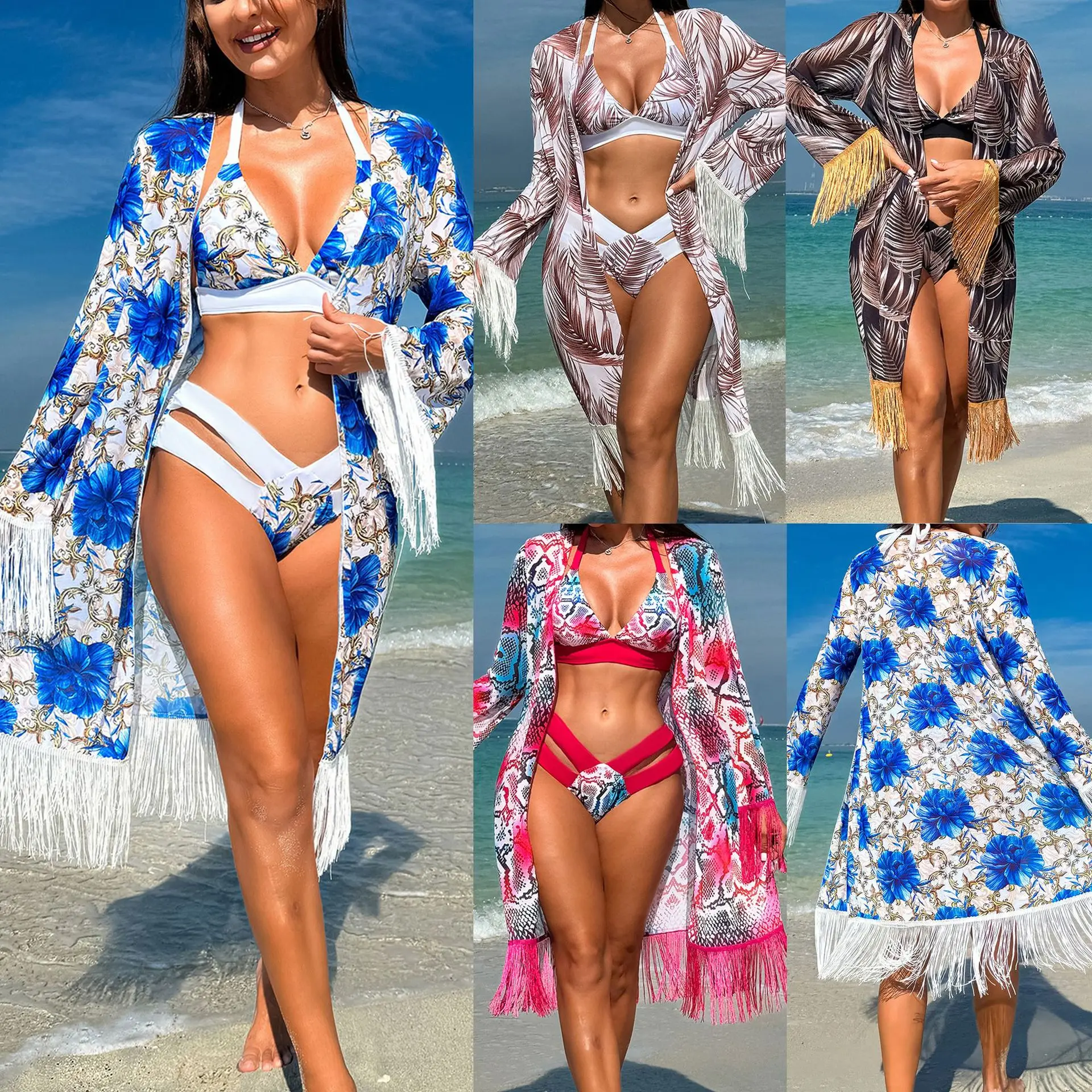 Women's Three Piece Tassel Swimsuit Bikini Sets with Ruffles Cover Up Printed Boho Cami Tops High Waist Beachwear Bathing Suits