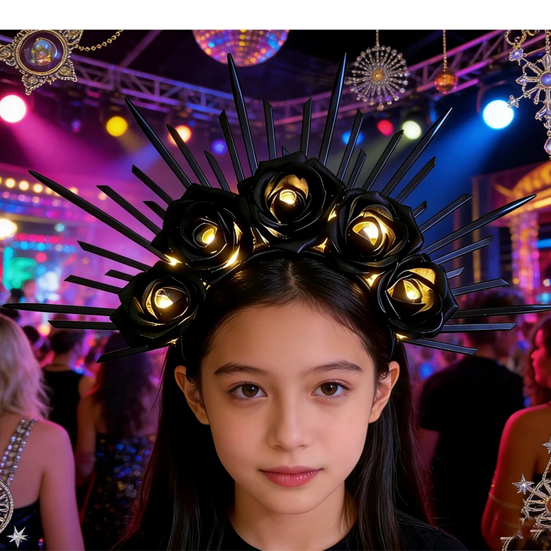 

LED Light Up Rose Halo Headband, Gold Sunburst Spiked Headpiece, Glowing Butterfly Decor for Halloween Cosplay & Gothic Wedding