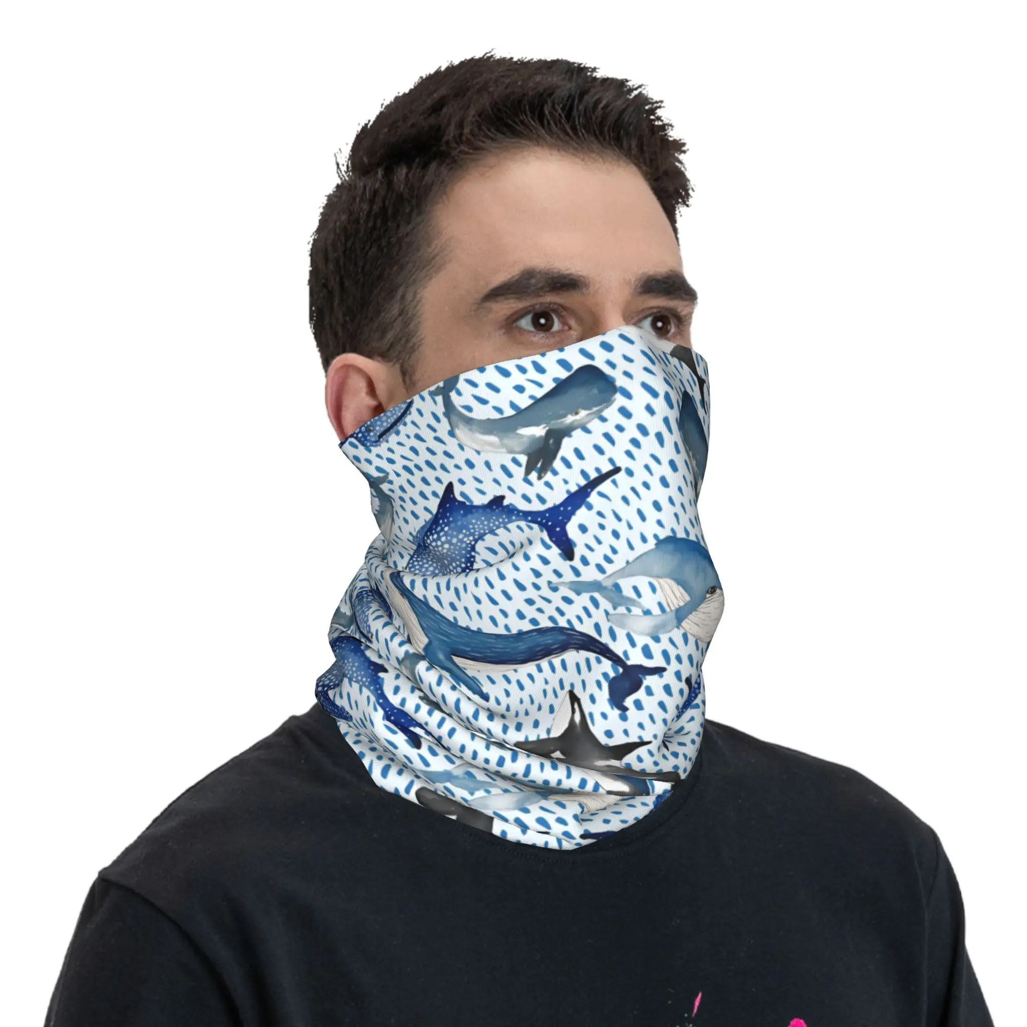 Custom Blue Watercolour Shark Winter Headband Neck Warmer Men Ski Camping Tube Scarf Monochrome Ocean Animal Face Bandana Gaiter view 5