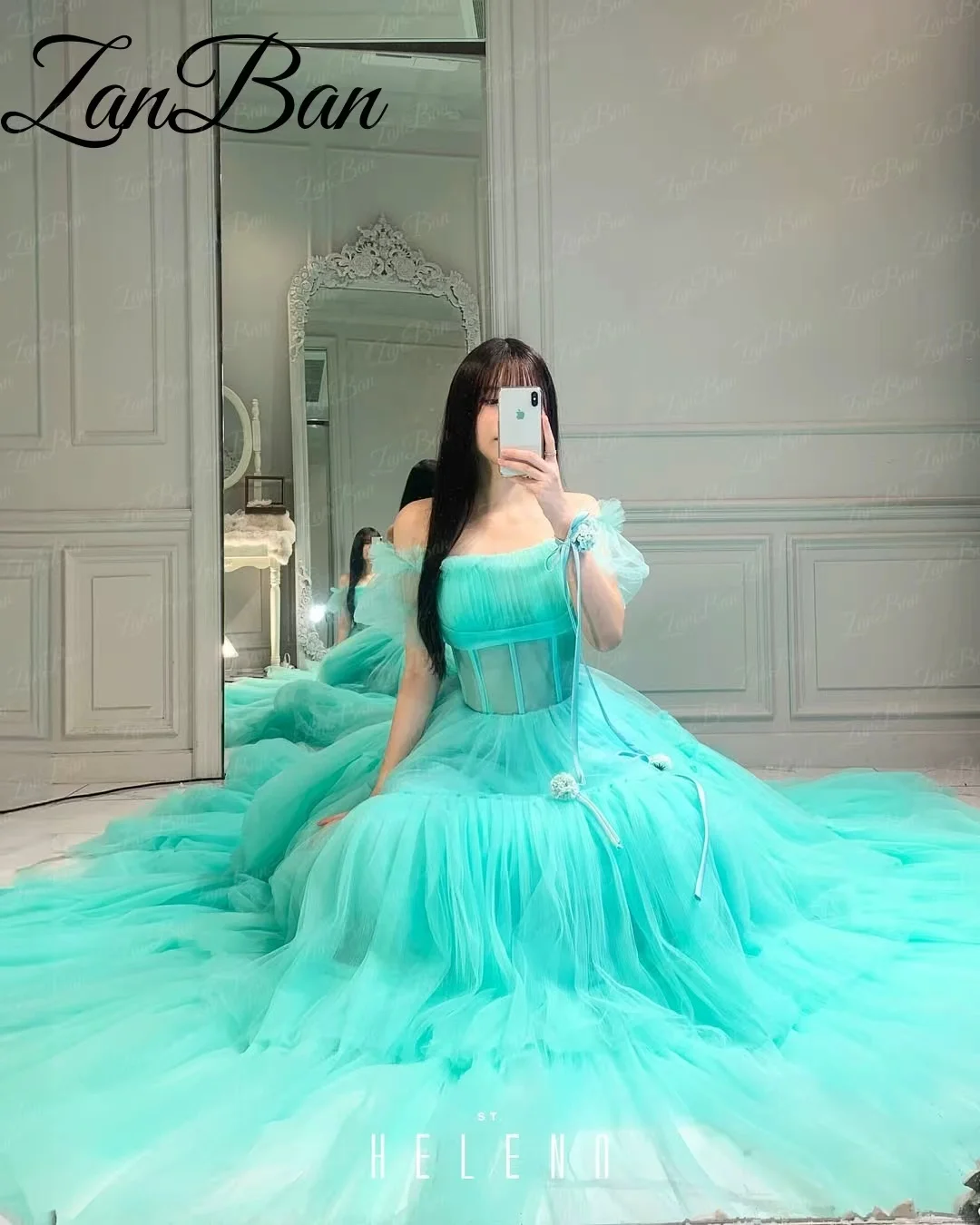 ZanBan Mint Green 2026 Off the Shoulder Tulle Wedding Dress Pleat Floor-Length Tiered Korea Photoshoot Bridal Gown Customized