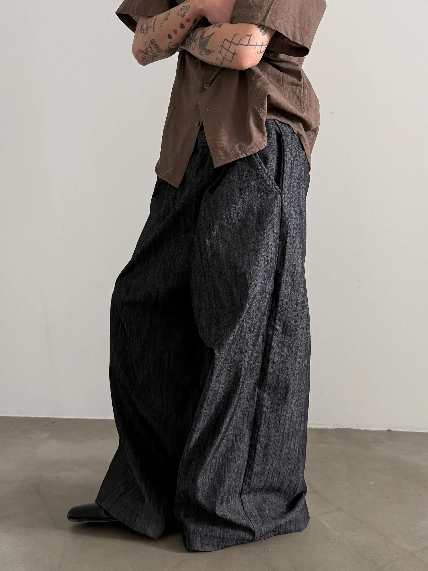 

Retro Cotton Linen Wide Leg Pants Men's Loose Straight Casual Trousers Trendy Floor-Length Relaxed Fit Jeans Casual Sle