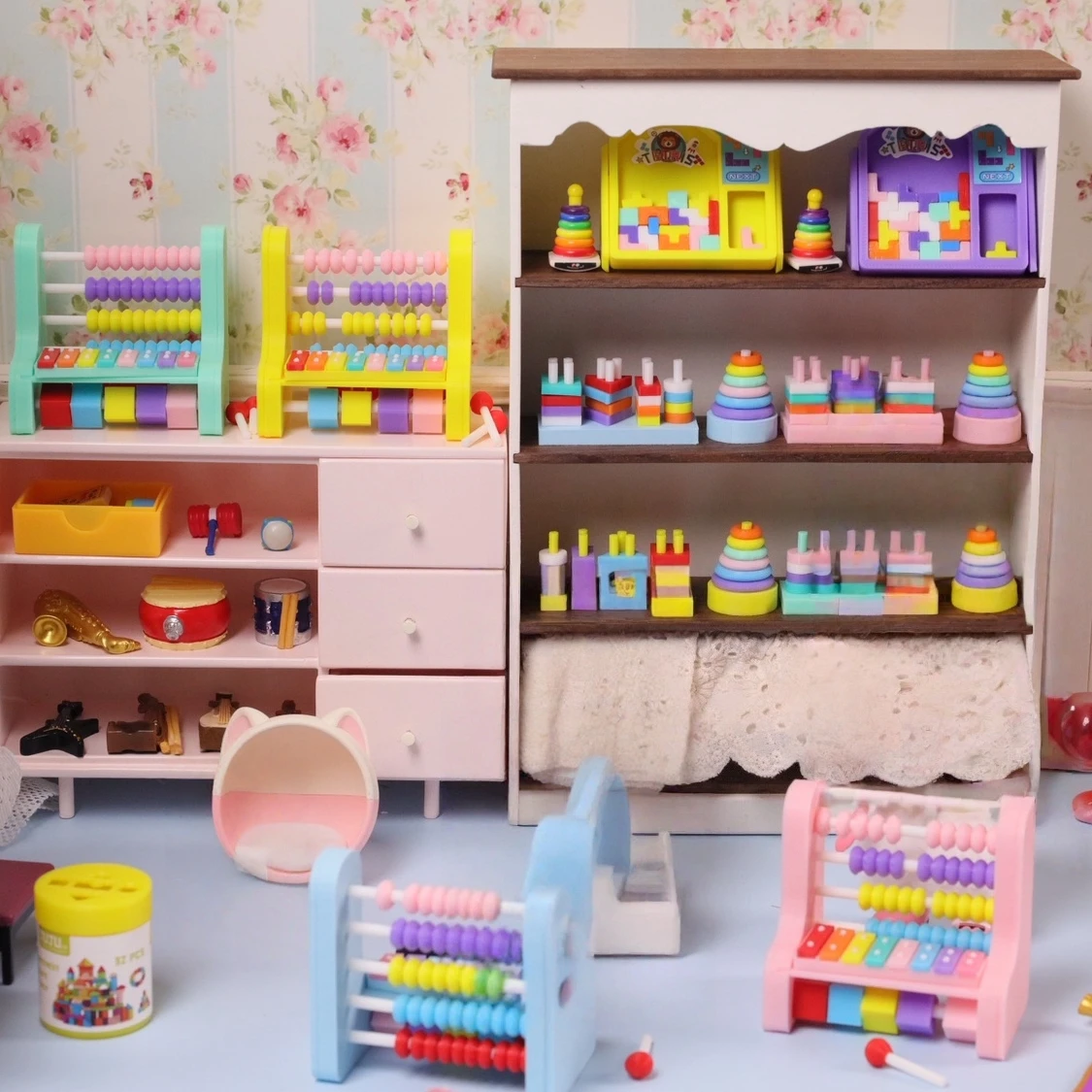 Small Wooden Bucket Assembling Blocks Mini Simulation Model Multipurpose Dollhouse Micro Scene Decor Accessories