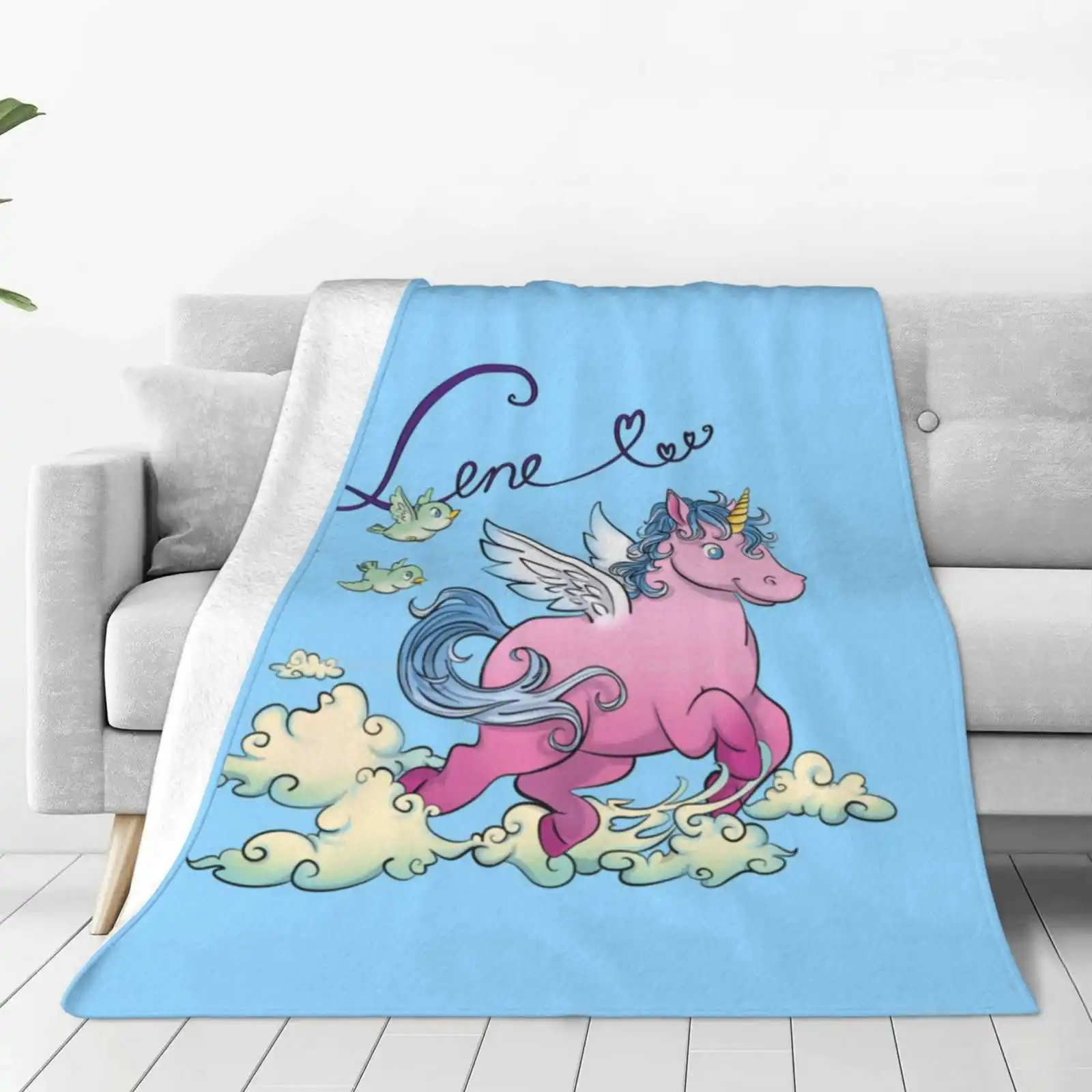 Unicorn New Arrival Fashion Leisure Warm Flannel Blanket Unicorn Pink Blue Flying Horse Birds Birdies Clouds Name Lene