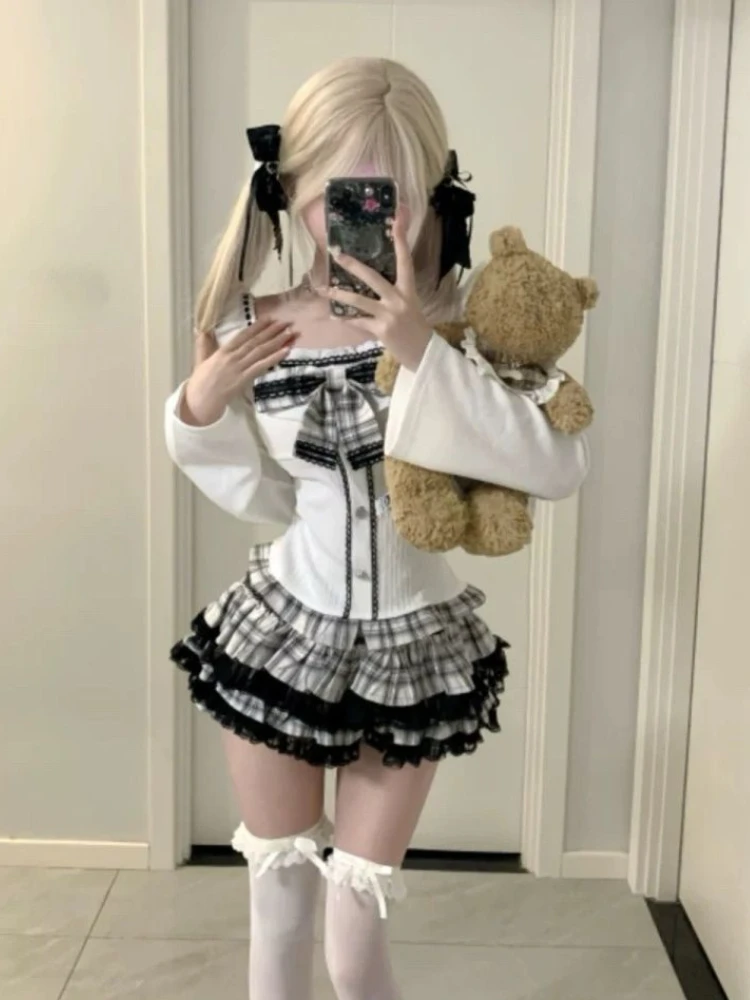 

Fall Gothic Lolita 2 Piece Sets Women Sweet Bow Long Sleeves Blouse Tops+Lace Ruffles Plaid Mini Skirt Female Korean Outfits