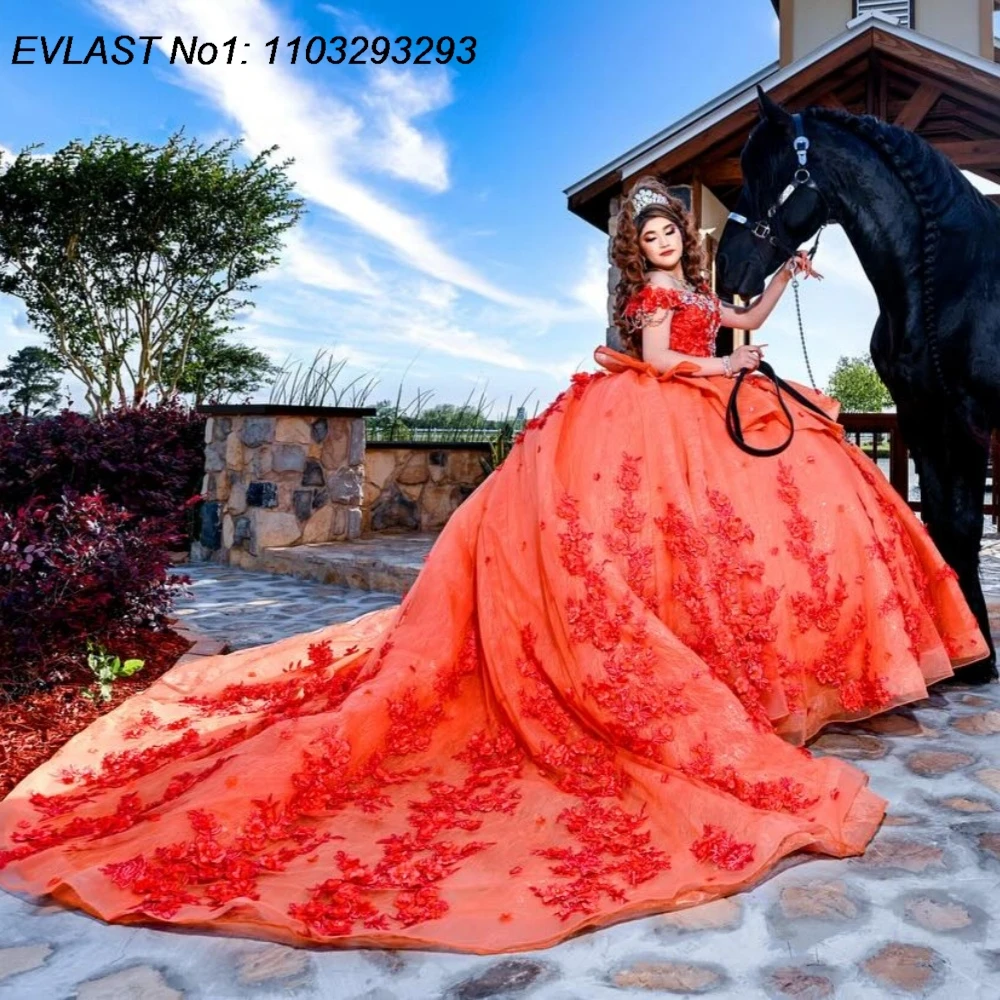 

EVLAST Customized Shiny Orange Quinceanera Dress Ball Gown Floral Lace Applique Beading Sweet 16 Vestidos De 15 Anos E1QN560