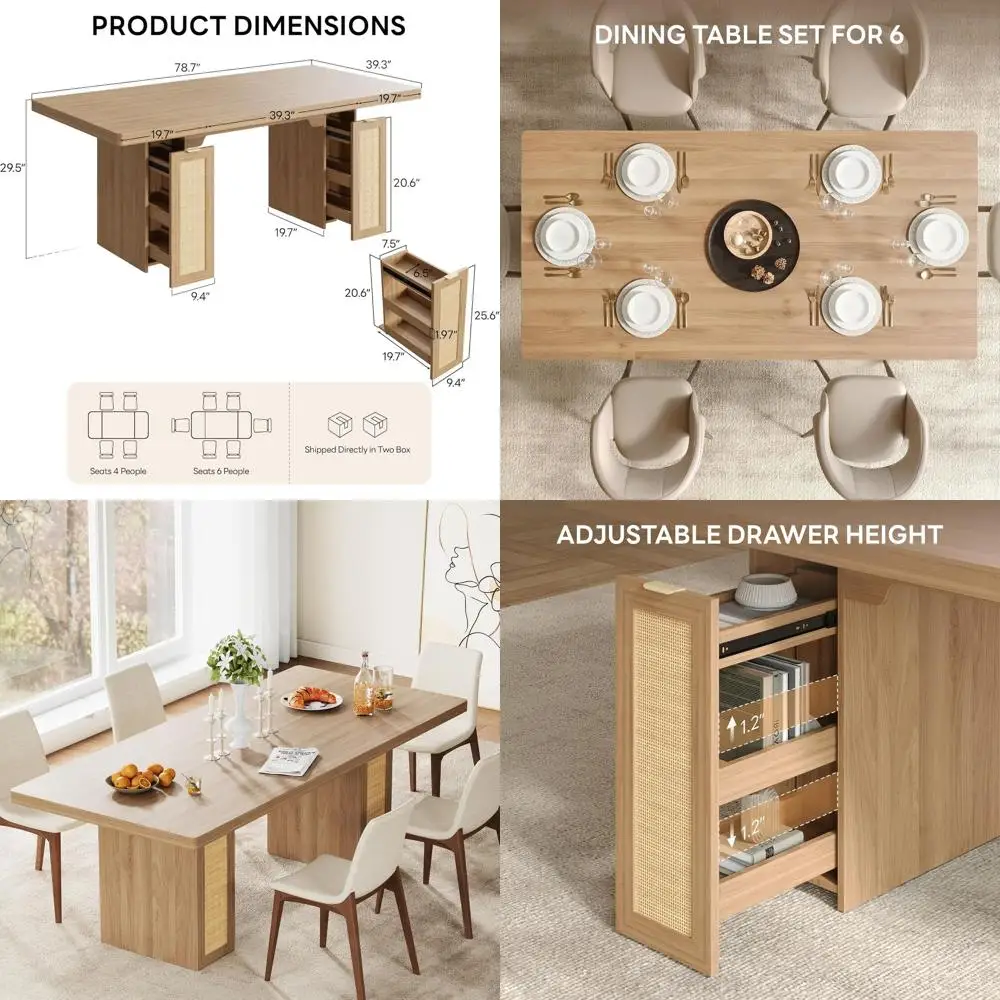

Элегантный обеденный стол 78.7 дюймов на 6-8 персон, столешница из массива дерева, 2 скрытых ящика, плетеное ротанговое покрытие, подходит для столовой и гостиной, в стиле рустик