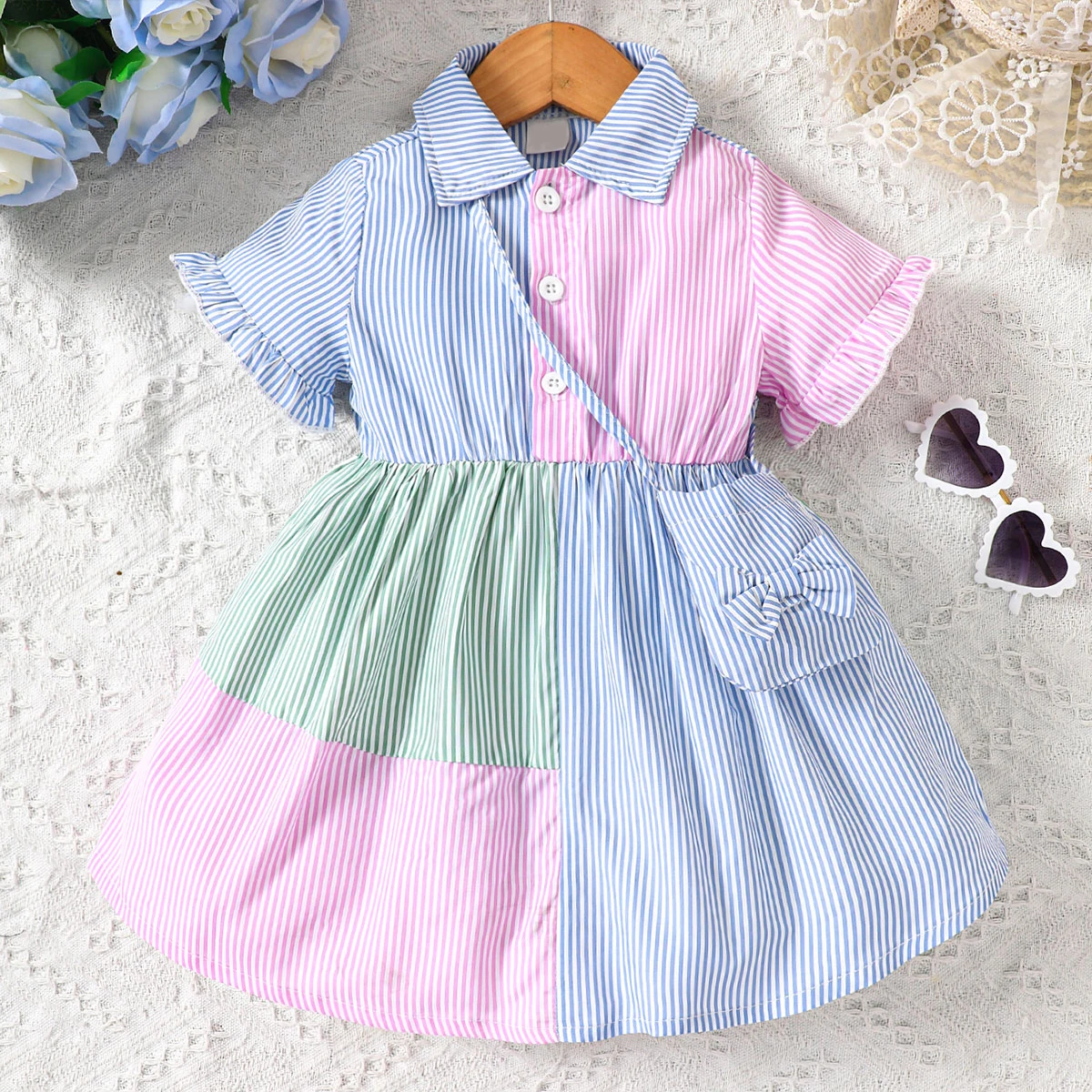 0-2 Year Old Newborn Dress Striped Color Matching Waist Up Dress Bag Baby 2Pcs Set